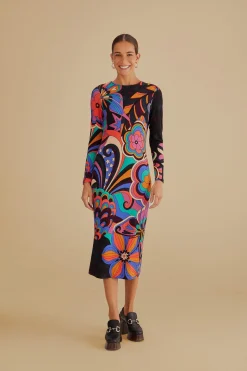 FARM Rio BLACK 70S VIBE LENZING™ ECOVERO™ VISCOSE MIDI DRESS