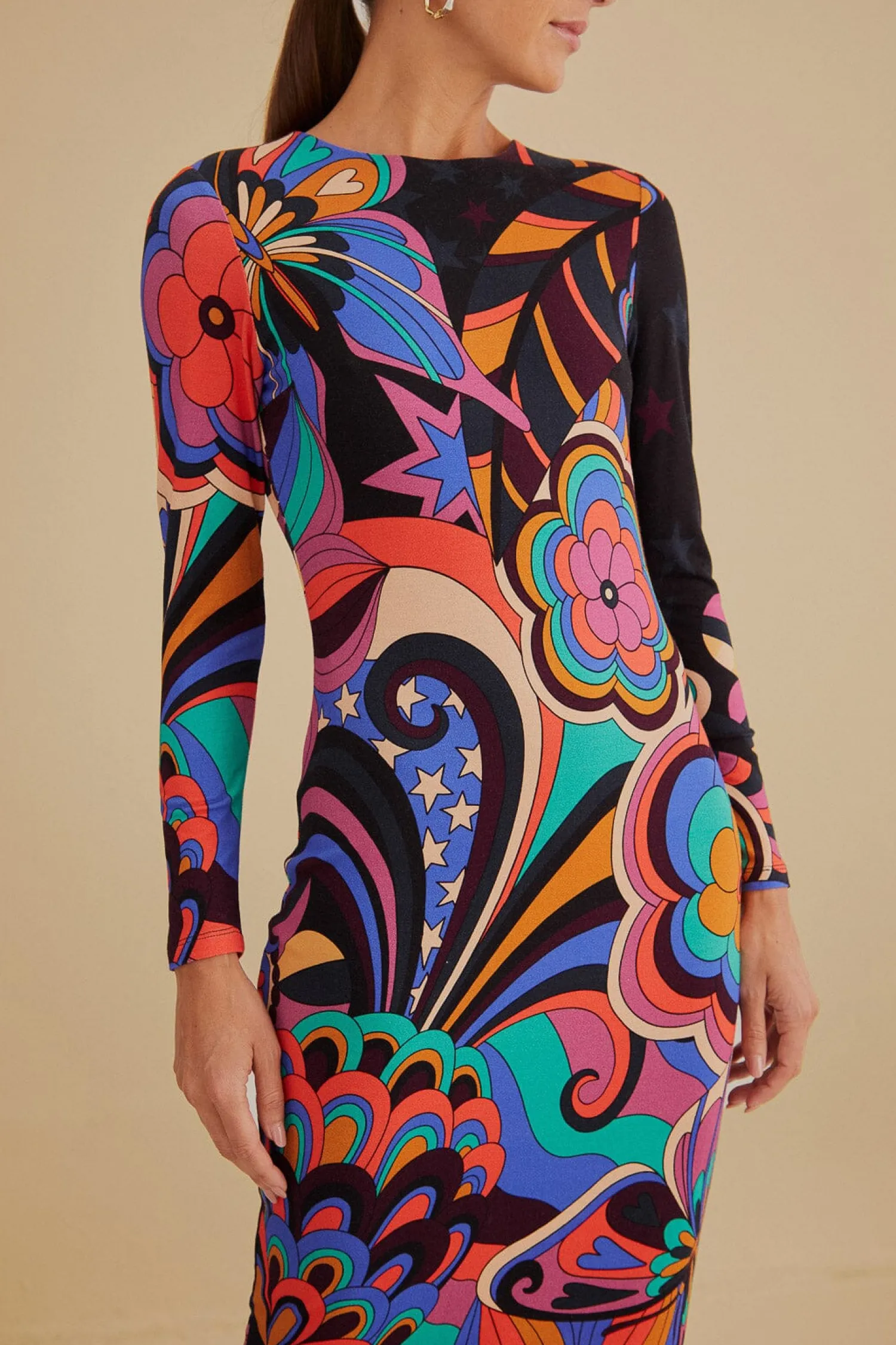 FARM Rio BLACK 70S VIBE LENZING™ ECOVERO™ VISCOSE MIDI DRESS