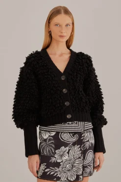 FARM Rio  BLACK TEXTURED V NECK CARDIGAN