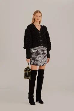 FARM Rio  BLACK TEXTURED V NECK CARDIGAN