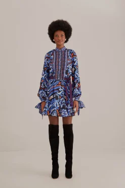 FARM Rio  BLACK TOUCANS SCARF LONG SLEEVE MINI DRESS