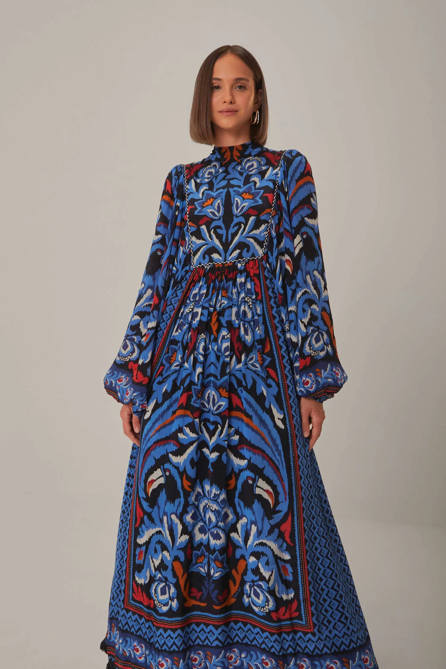 FARM Rio BLACK TOUCANS SCARF LONG SLEEVE MAXI DRESS
