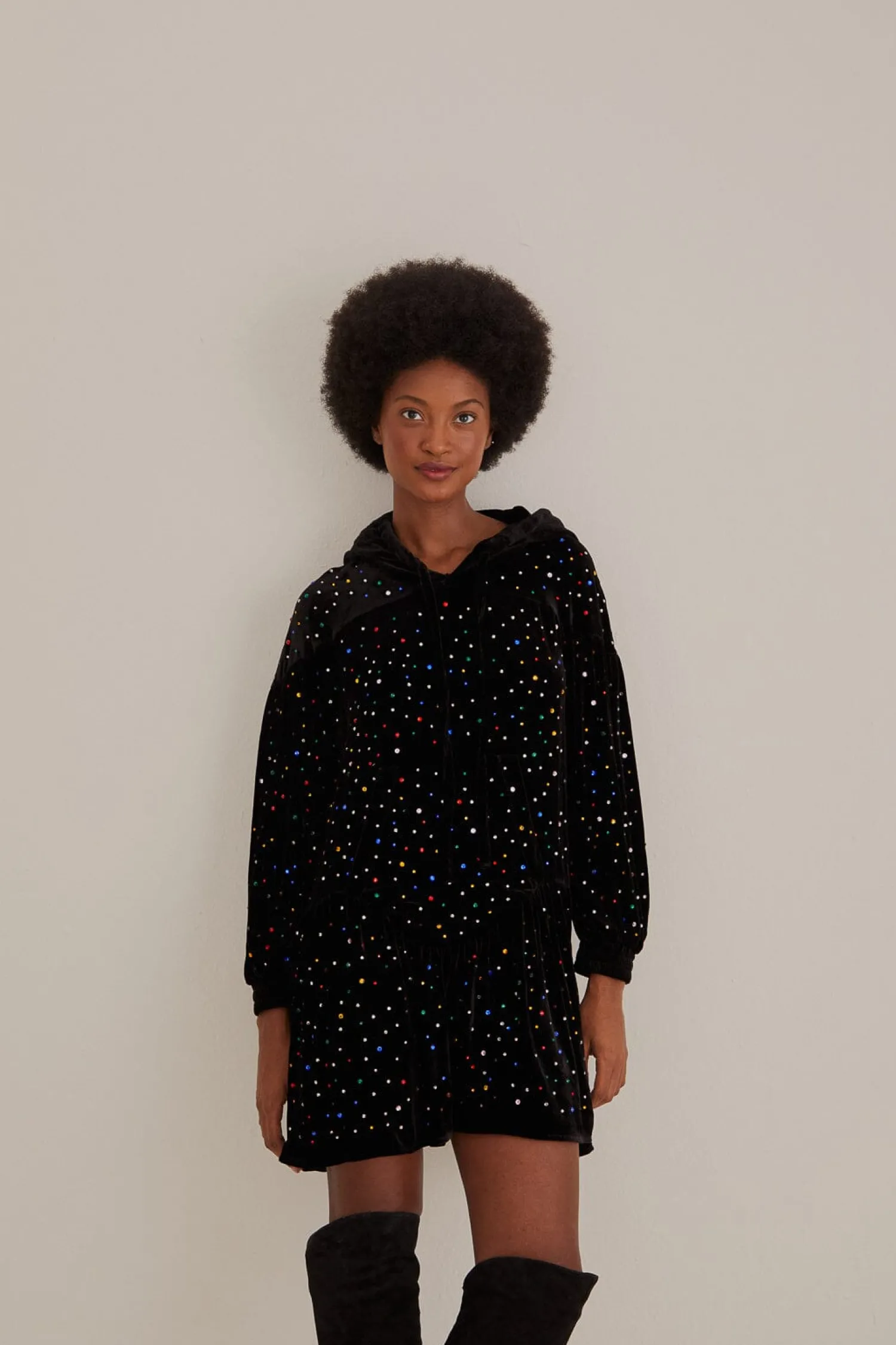 FARM Rio BLACK VELVET LONG SLEEVE MINI DRESS
