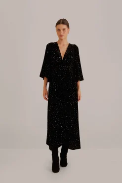 FARM Rio BLACK VELVET SHORT SLEEVE MIDI DRESS