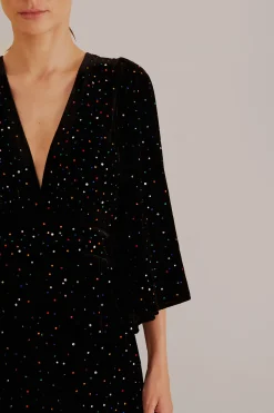 FARM Rio BLACK VELVET SHORT SLEEVE MIDI DRESS