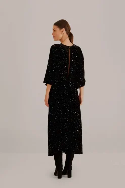 FARM Rio BLACK VELVET SHORT SLEEVE MIDI DRESS