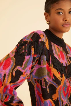 FARM Rio  BLACK WILD HORSES FRINGE SWEATER