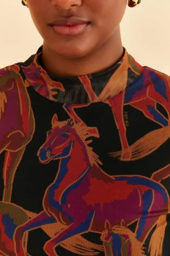 FARM Rio  BLACK WILD HORSES TULLE BLOUSE
