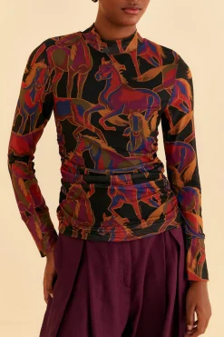FARM Rio  BLACK WILD HORSES TULLE BLOUSE