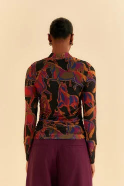 FARM Rio  BLACK WILD HORSES TULLE BLOUSE