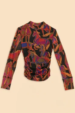 FARM Rio  BLACK WILD HORSES TULLE BLOUSE
