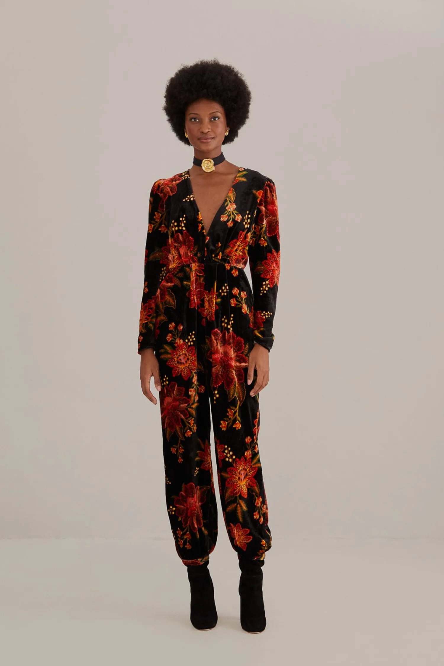 FARM Rio BLACK WINTER BLOOM V NECK JUMPSUIT