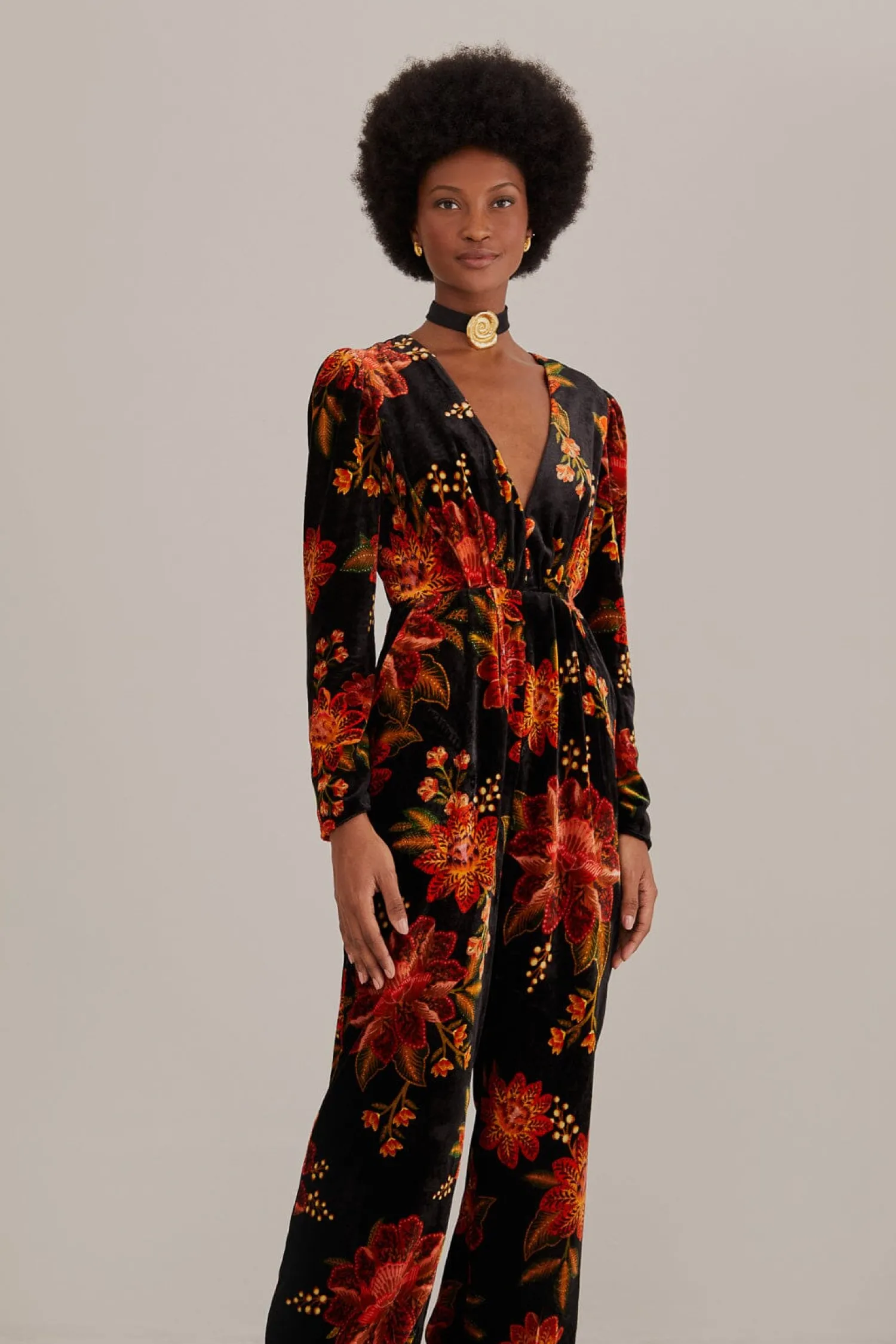 FARM Rio BLACK WINTER BLOOM V NECK JUMPSUIT