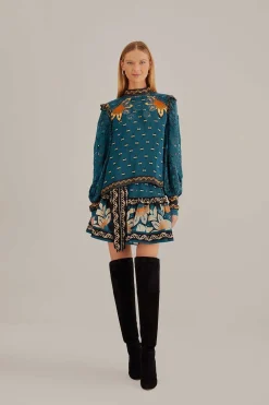 FARM Rio  BLUE AINIKA CHILL LONG SLEEVE BLOUSE