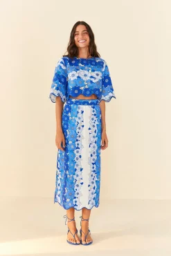 FARM Rio BLUE FLOWER STRIPES MIDI SKIRT