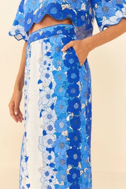 FARM Rio  BLUE FLOWER STRIPES MIDI SKIRT