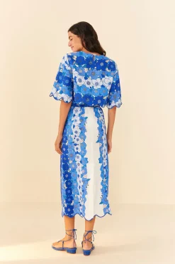 FARM Rio  BLUE FLOWER STRIPES MIDI SKIRT
