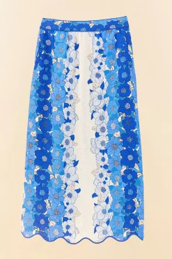 FARM Rio  BLUE FLOWER STRIPES MIDI SKIRT