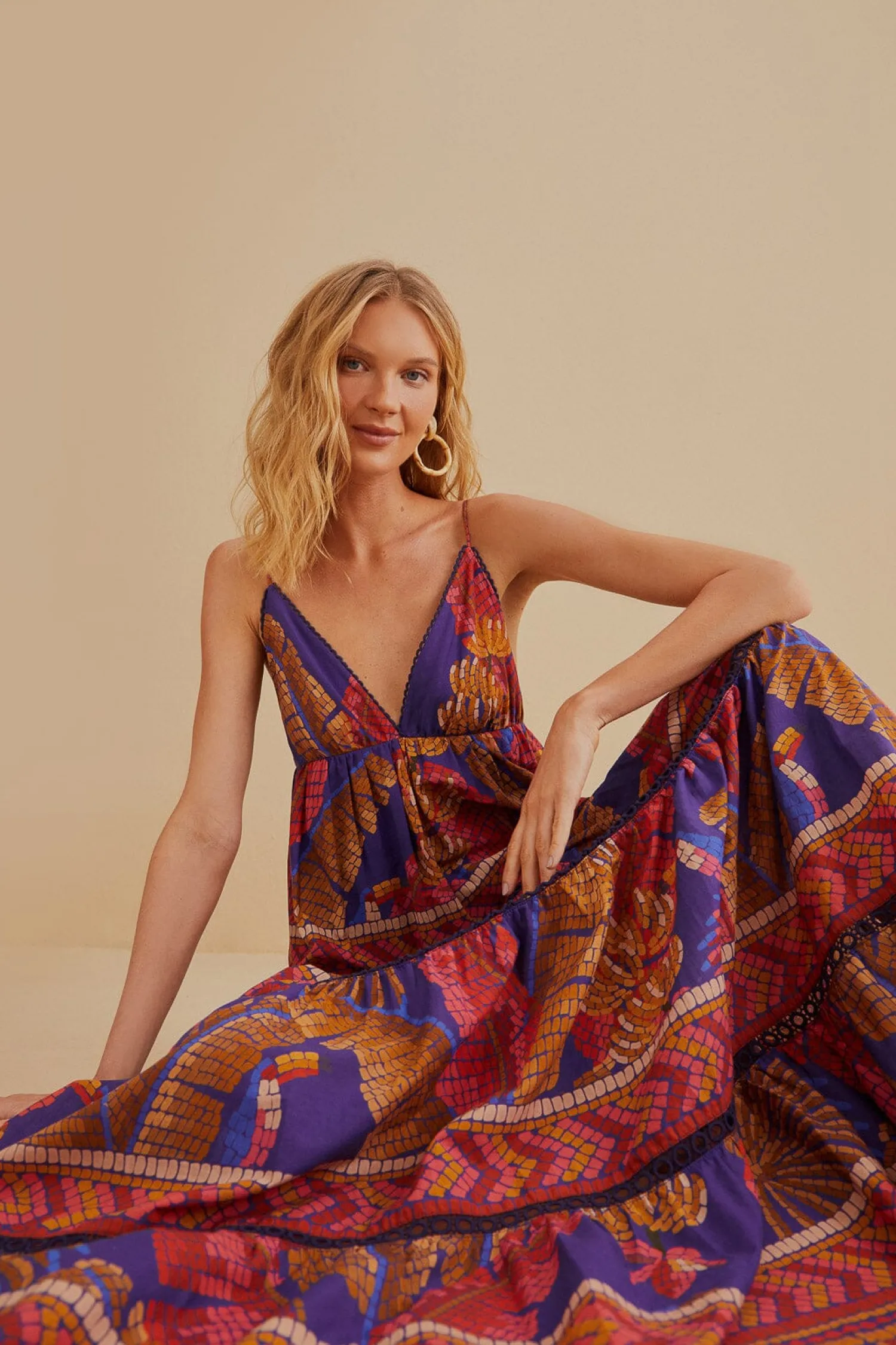 FARM Rio BLUE FOREST MOSAIC SLEEVELESS MAXI DRESS