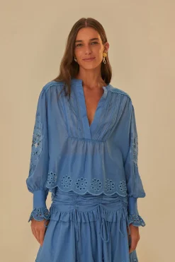 FARM Rio  BLUE LONG SLEEVE ORGANIC COTTON BLOUSE