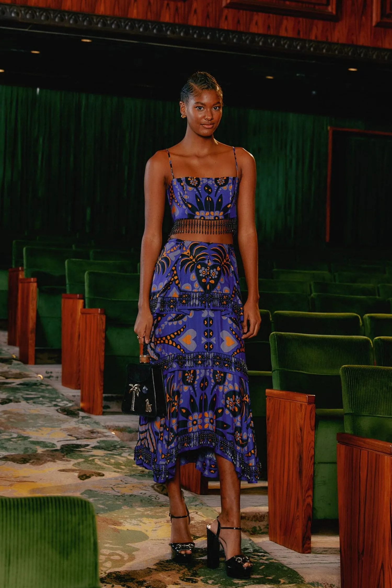 FARM Rio BLUE MARTINA SCARF BEADED MIDI SKIRT