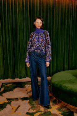 FARM Rio  BLUE MARTINA SCARF SEQUIN EMBROIDERED KNIT CARDIGAN