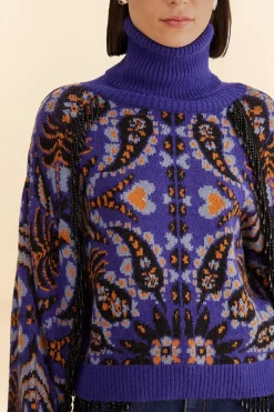 FARM Rio  BLUE MARTINA SCARF SEQUIN EMBROIDERED KNIT CARDIGAN