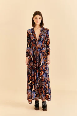FARM Rio BLUE NATURE BEAUTY LONG SLEEVE MAXI DRESS