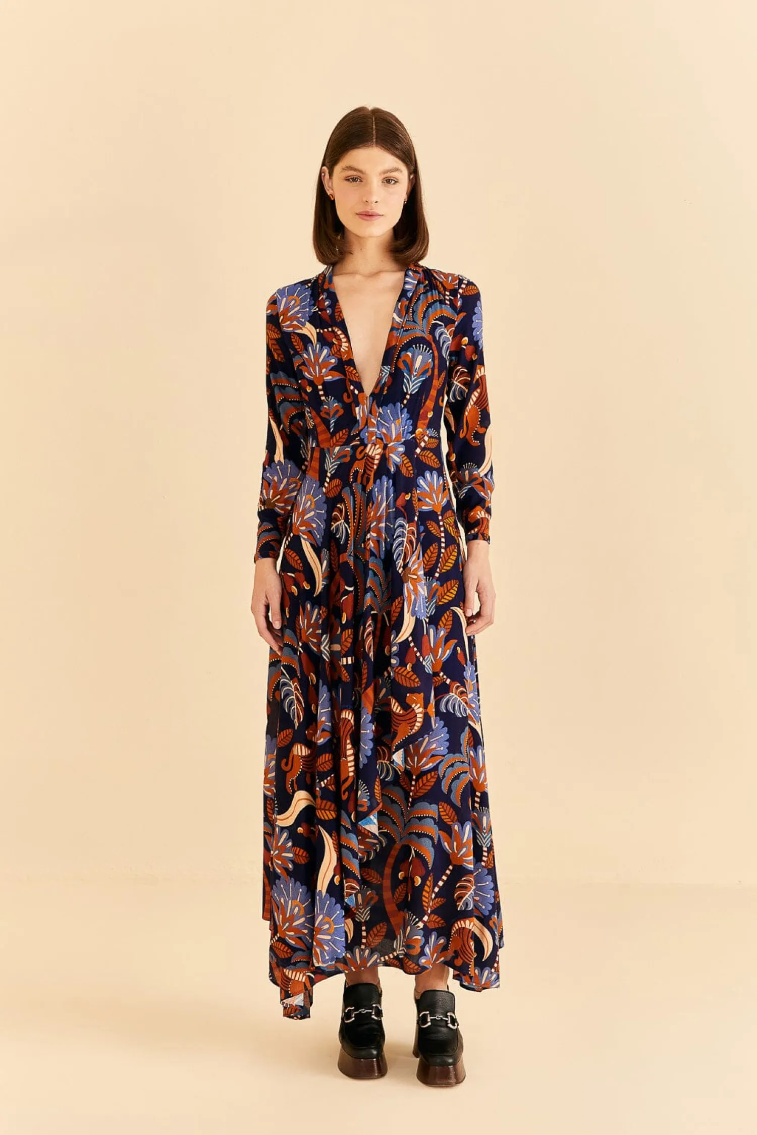 FARM Rio BLUE NATURE BEAUTY LONG SLEEVE MAXI DRESS