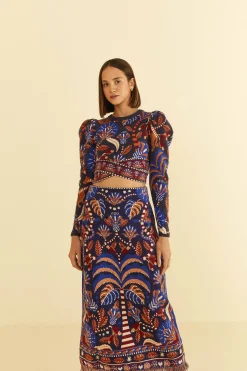 FARM Rio  BLUE NATURE BEAUTY SCARF KNIT MIDI SKIRT