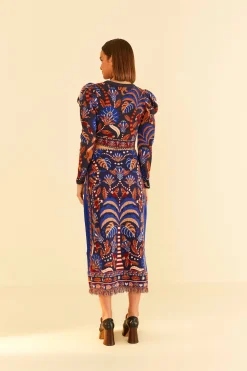 FARM Rio  BLUE NATURE BEAUTY SCARF KNIT MIDI SKIRT