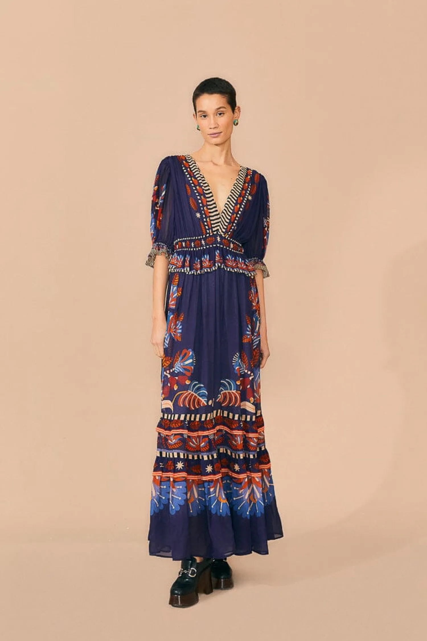 FARM Rio BLUE NATURE BEAUTY SHORT SLEEVE MAXI DRESS