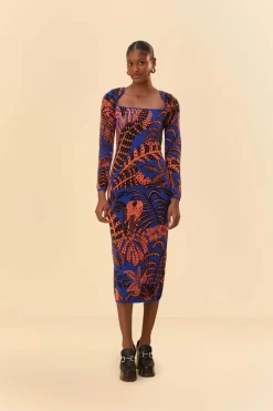 FARM Rio BLUE TROPICAL GOLD LONG SLEEVE DRESS