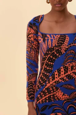 FARM Rio  BLUE TROPICAL GOLD LONG SLEEVE DRESS