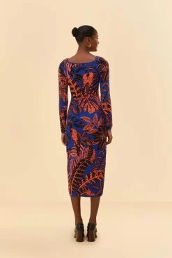 FARM Rio  BLUE TROPICAL GOLD LONG SLEEVE DRESS