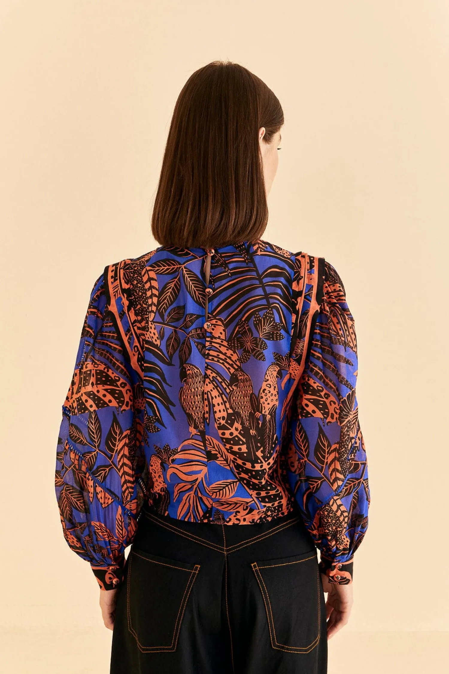 FARM Rio BLUE TROPICAL GOLD PLEATED LONG SLEEVE BLOUSE
