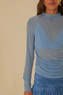 FARM Rio  BLUE TULLE LONG SLEEVED BLOUSE