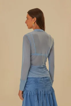 FARM Rio  BLUE TULLE LONG SLEEVED BLOUSE