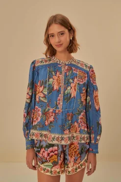 FARM Rio BLUE WONDERFUL BOUQUET LONG SLEEVE BLOUSE