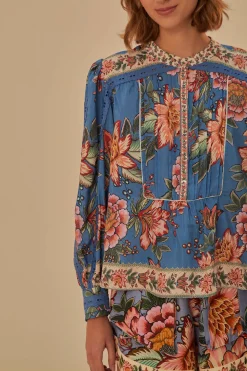FARM Rio  BLUE WONDERFUL BOUQUET LONG SLEEVE BLOUSE