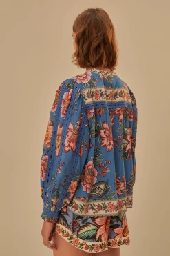 FARM Rio  BLUE WONDERFUL BOUQUET LONG SLEEVE BLOUSE