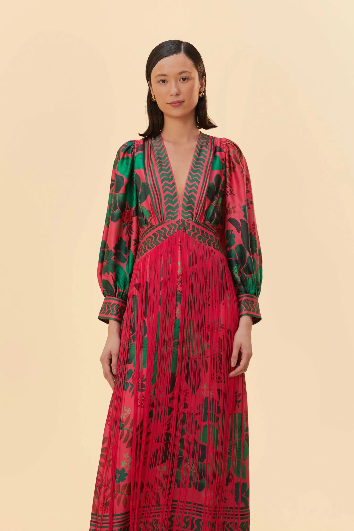 FARM Rio BLUSH FLORAL YARD FRINGE MAXI DRESS