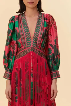 FARM Rio BLUSH FLORAL YARD FRINGE MAXI DRESS