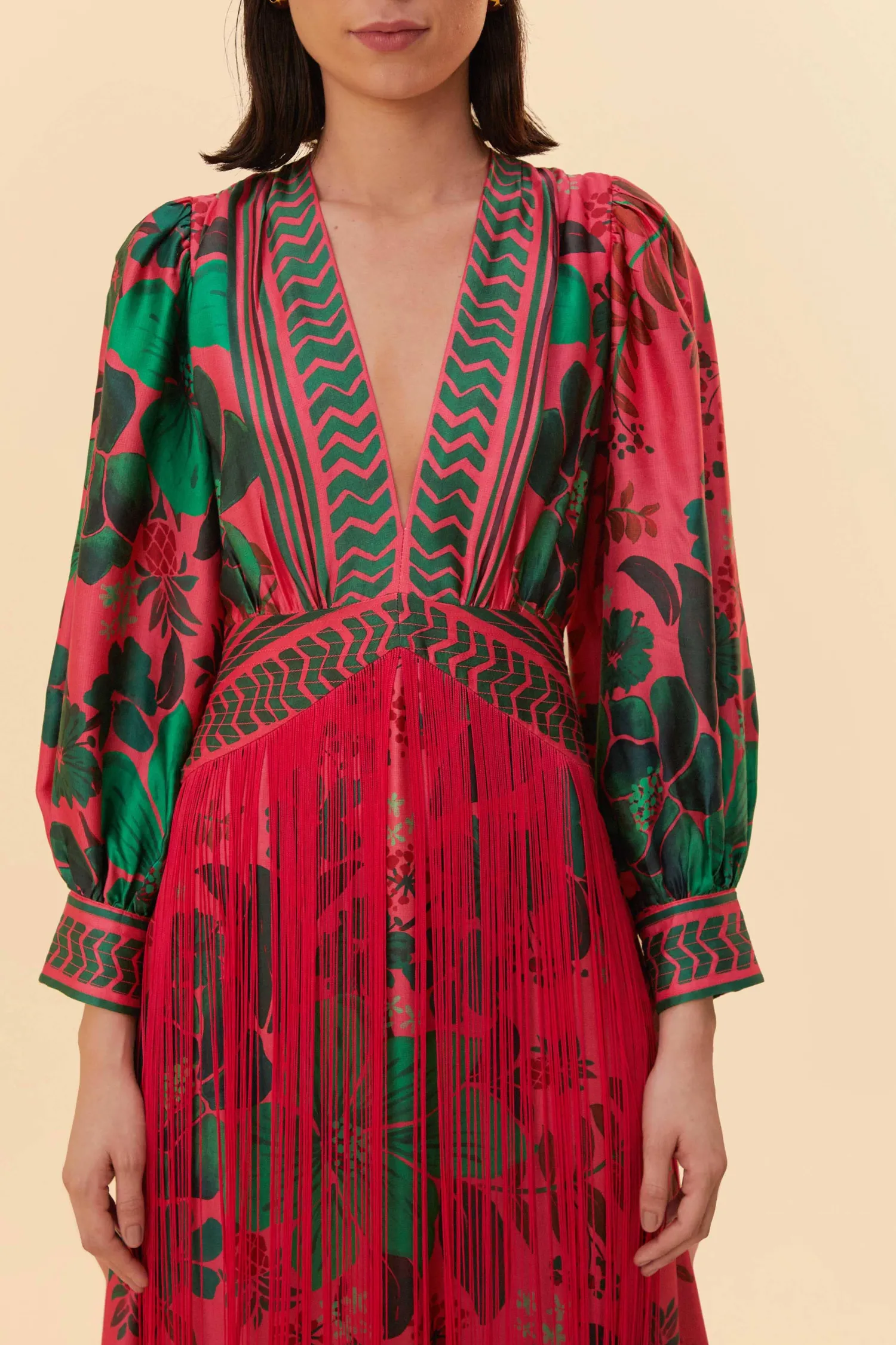FARM Rio BLUSH FLORAL YARD FRINGE MAXI DRESS