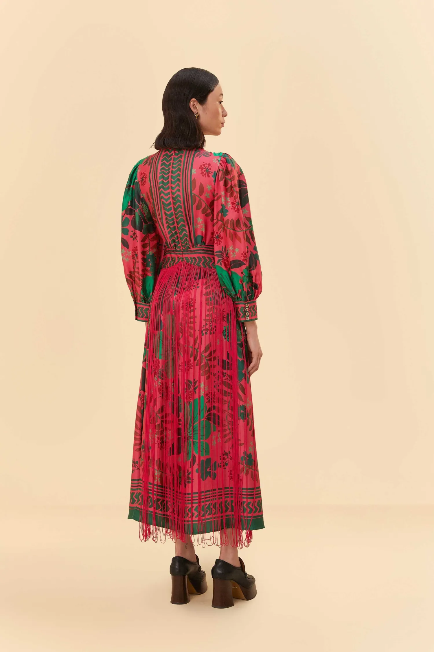 FARM Rio BLUSH FLORAL YARD FRINGE MAXI DRESS