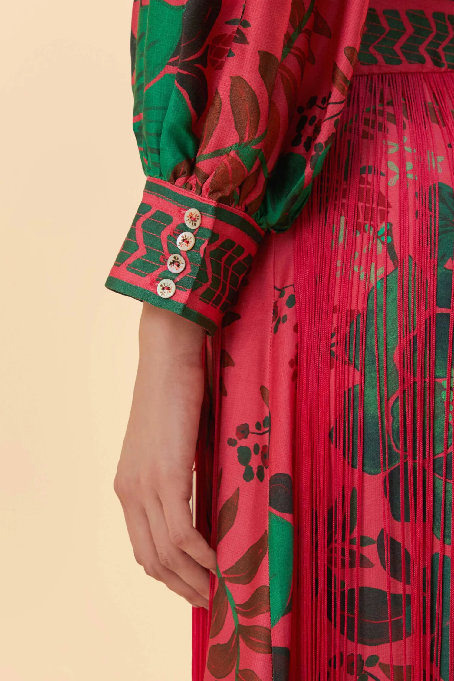 FARM Rio BLUSH FLORAL YARD FRINGE MAXI DRESS