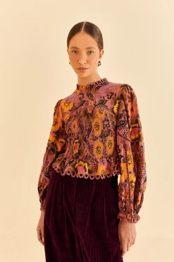 FARM Rio BLUSH GARDEN BLOOM SMOCKED BLOUSE