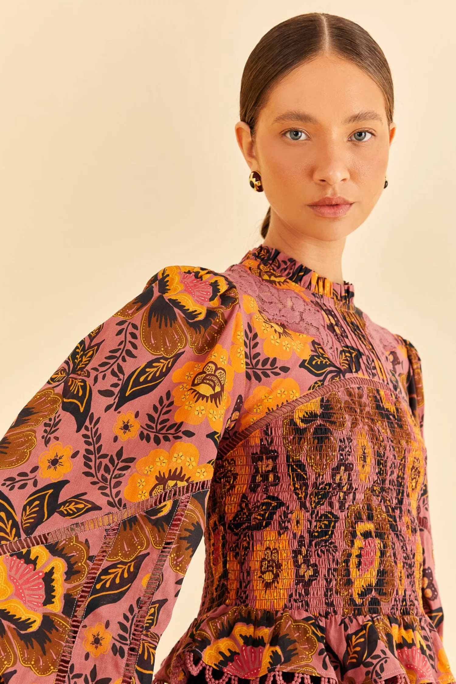 FARM Rio BLUSH GARDEN BLOOM SMOCKED BLOUSE