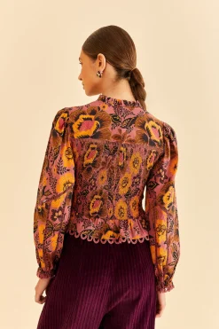 FARM Rio BLUSH GARDEN BLOOM SMOCKED BLOUSE