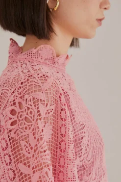 FARM Rio  BLUSH PINK GUIPURE LONG SLEEVE BLOUSE